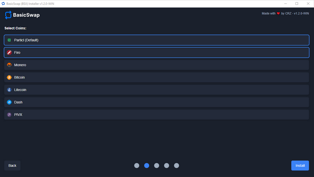 Screenshot of basicswap's installation wizard listing Firo