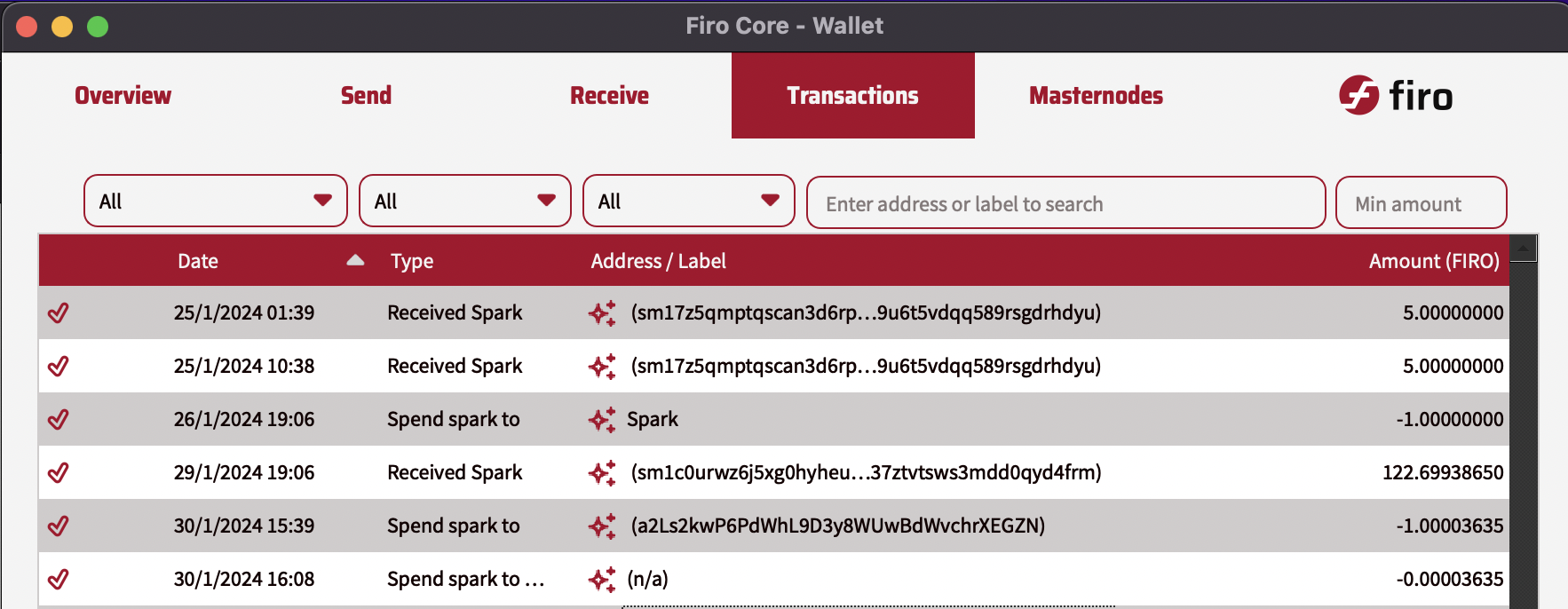 Transaction Tab of QT wallet